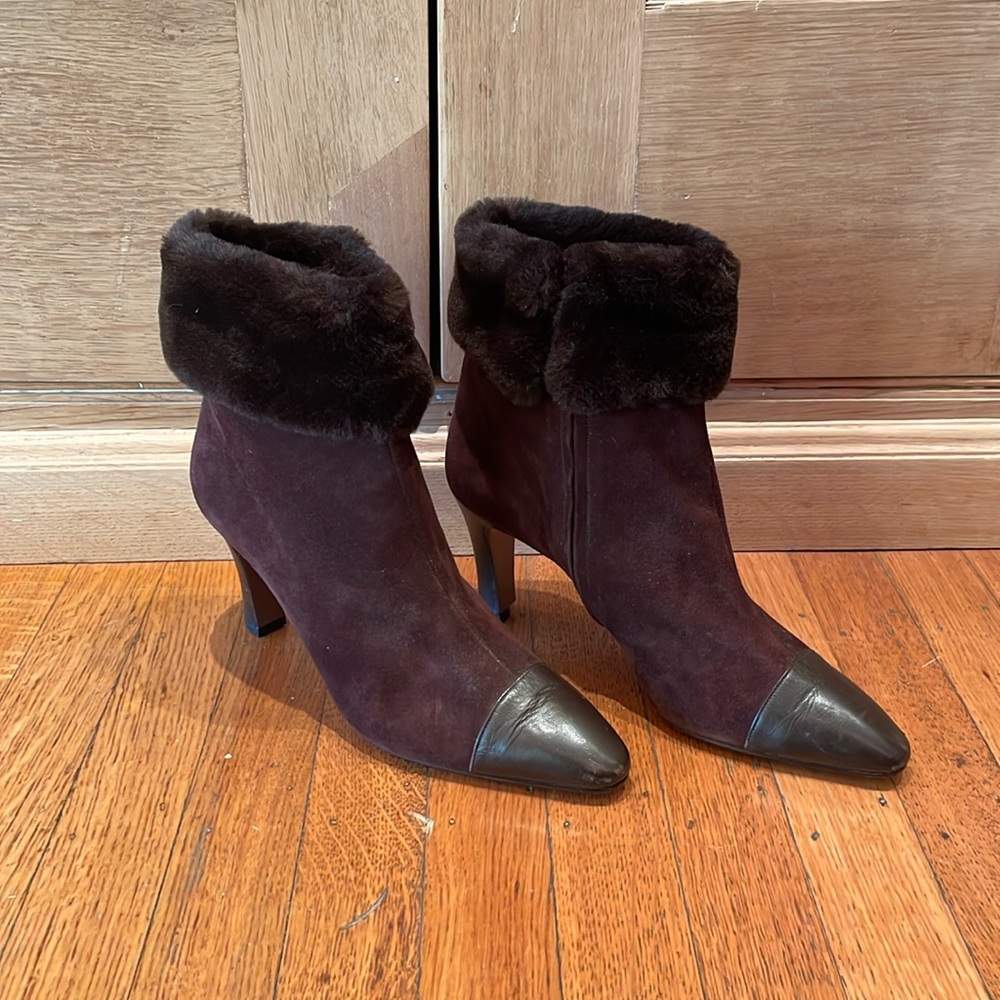 Valentino Couture Brown Suede Faux-Fur Trimmed Boots, Size 38.5